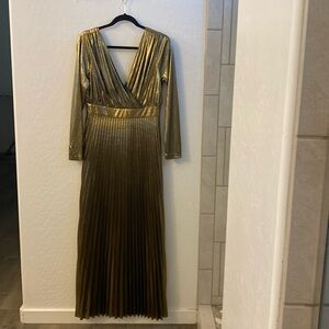 Womens gold wrap top pleated empire waist dress